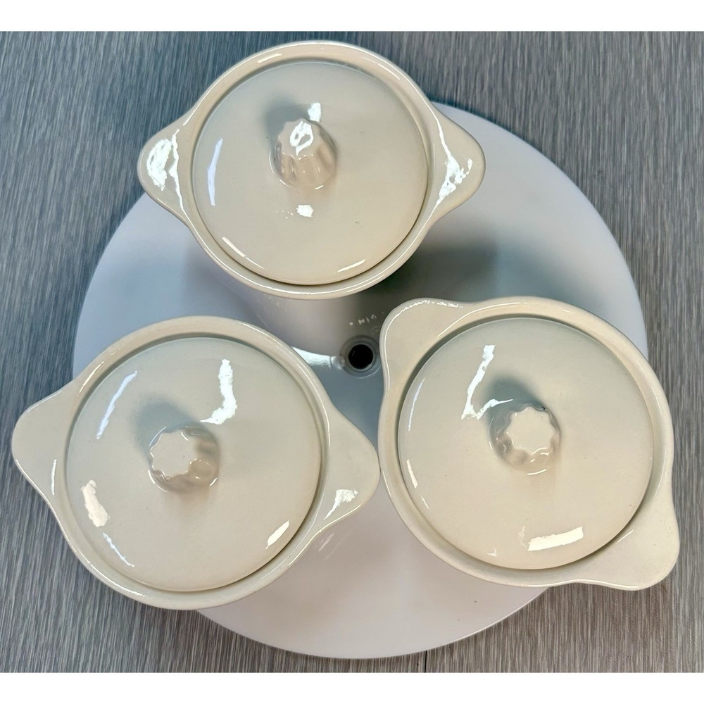 California Pottery 857 White Baking Dishes Ramekins W/ Lids (‎ 3)  Shabby Chic